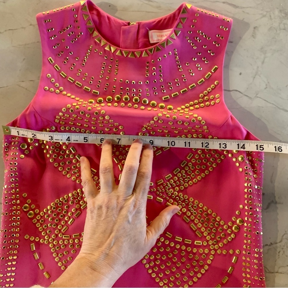 Versace x H&M Barbie Pink Gold Studded Sleeveless Mini Dress Womens Sz 4 - Picture 13 of 15